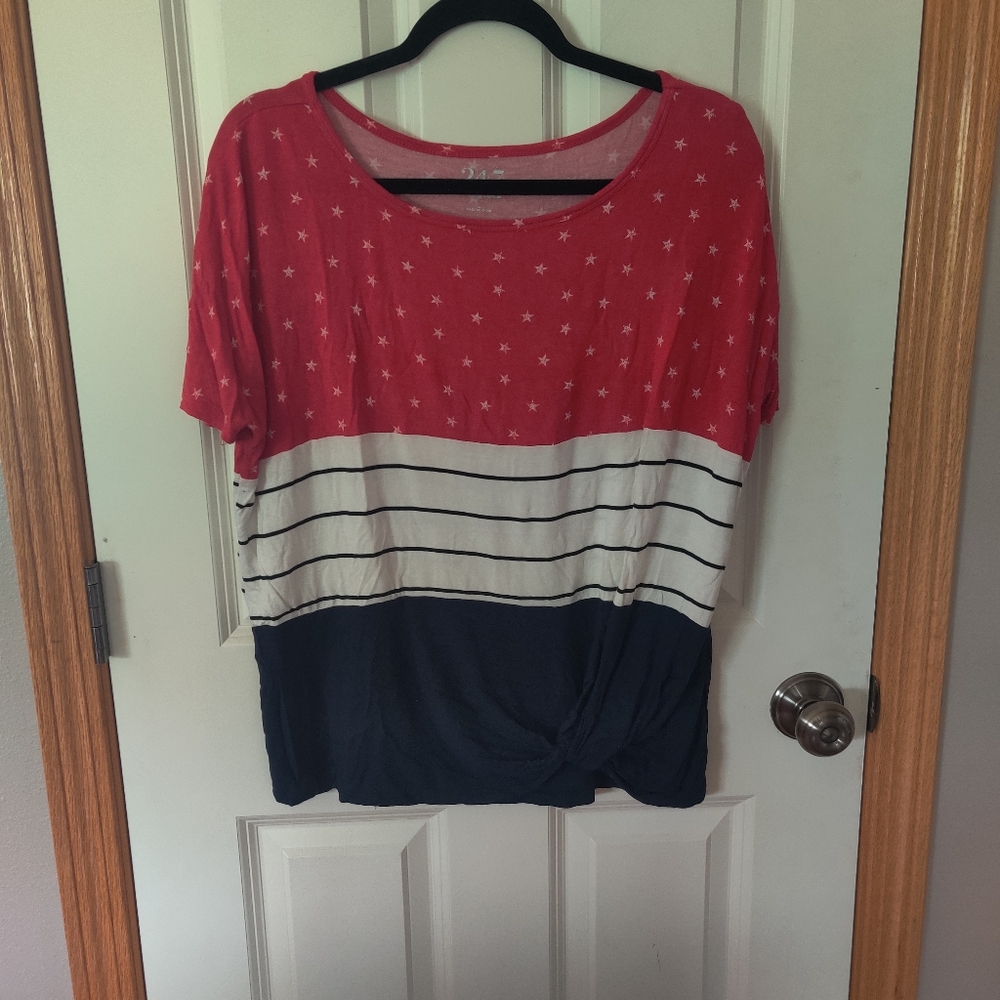Red, White, and Navy Blue Star Patterned Women's Top
